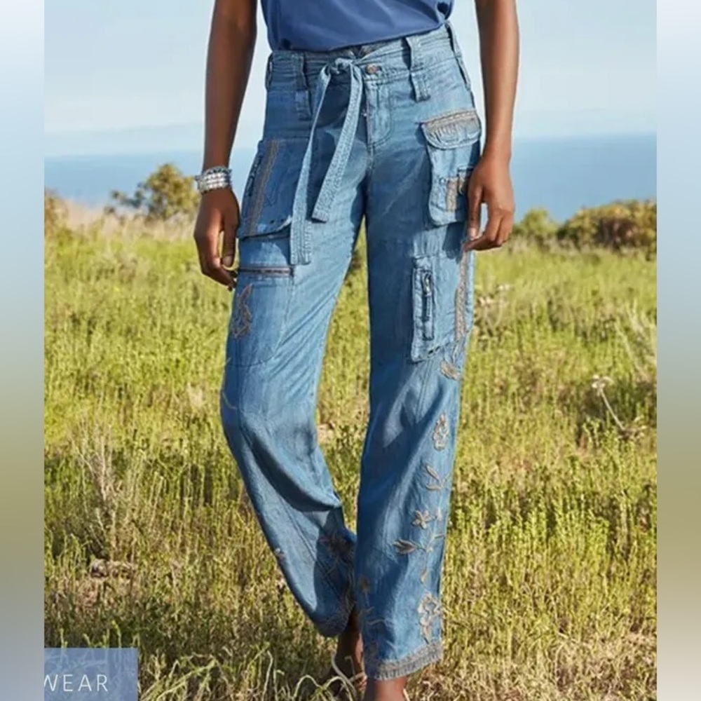 Johnny  Was Biya Aventura Blue Cargo Embroidered Jean Pant Size 8 $435 Wide Leg